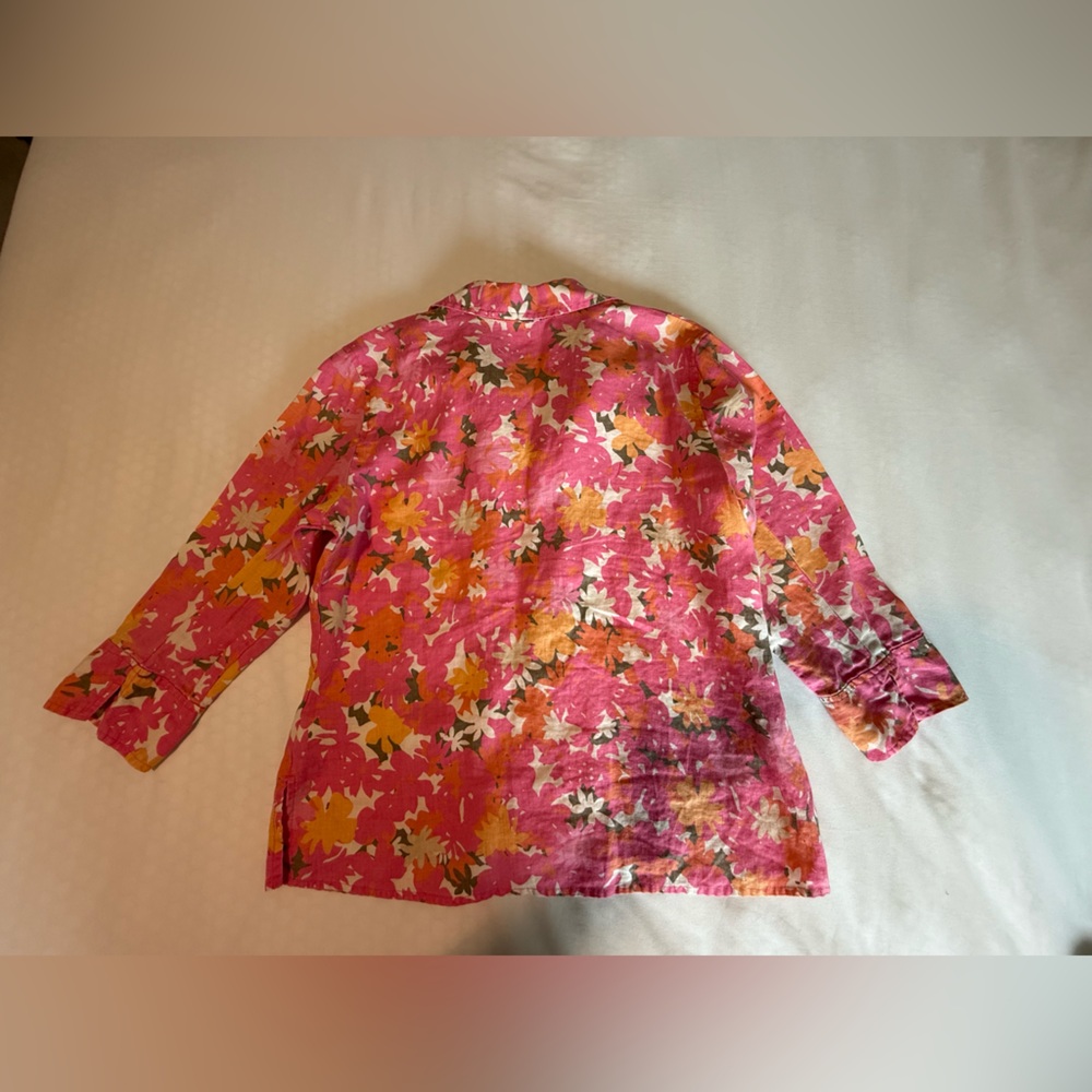 Sigrid Olsen 3/4 Sleeve Top Large Pink Orange Floral Linen Split Neck High Low - Picture 14 of 16